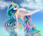  cloud clouds crown cutie_mark equine female feral friendship_is_magic hair horn horse looking_at_viewer mammal multi-colored_hair my_little_pony necklace outside pony princess_celestia_(mlp) purple_eyes solo tuyla water winged_unicorn wings 