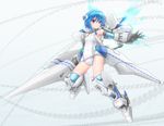  blue_hair blue_legwear bob_cut breasts covered_navel densou_tenshi_valforce elbow_gloves gloves hair_ornament highres huge_weapon kannagi_ai karukan_(monjya) lance mecha_musume one-piece_swimsuit polearm red_eyes short_hair small_breasts solo swimsuit thighhighs thrusters weapon white_swimsuit 