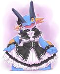  blush capelet corset curtsey dress gen_3_pokemon gothic_lolita head_tilt highres kame_(3t) lolita_fashion no_humans one_eye_closed pigeon-toed pinky_out pokemon pokemon_(creature) ribbon slit_pupils solo standing swampert wristband yellow_eyes yellow_sclera 