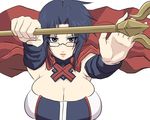  armpits blue_eyes blue_hair blush breasts bursting_breasts cape cleavage detached_sleeves fighting_stance foreshortening genderswap genderswap_(mtf) glasses holding homura_(haku89) huge_breasts lips looking_at_viewer nesty outstretched_arms parted_lips short_hair simple_background skindentation solo staff summon_night summon_night_2 upper_body white_background wind wind_lift 