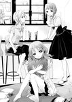  barefoot braid cafe chair chin_rest copyright_request cup dress drinking_glass greyscale hair_ornament hairclip heart heart_pillow highres long_hair monochrome multiple_girls paper pillow pillow_hug profile short_hair sitting slippers smile yamada_ako 