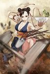  alternate_costume bare_shoulders bombomb25 bracelet breasts brown_eyes brown_hair chopsticks chun-li cleavage double_bun eating food highres jewelry large_breasts noodles pelvic_curtain short_hair solo spiked_bracelet spikes street_fighter street_fighter_iv_(series) 