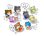  anger_vein animal_ears black_hair blonde_hair blue_hair brown_hair buruma cat_ears cat_tail chibi densou_tenshi_valforce everyone green_eyes green_hair hair_ornament hairband harukaze_ren heart hokyou_mei ikaruga_setsuna kannagi_ai karukan_(monjya) kemonomimi_mode kuroha_nagare long_hair misawa_elena multiple_girls musical_note one-piece_swimsuit pink_hair red_eyes rikudou_maria short_hair sleeping spoken_heart swimsuit tail tail_wagging tsukikage_ayaka 