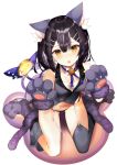  1girl animal_ear_fluff animal_ears banned_artist black_hair black_panties breasts fate/kaleid_liner_prisma_illya fate_(series) from_above full_body fur_trim garter_belt gloves gluteal_fold grey_legwear hair_between_eyes hair_ornament hairclip highres looking_at_viewer loose_thighhigh magical_sapphire medium_hair midriff miyu_edelfelt navel open_mouth panties paw_gloves paw_pose paws ribbon sidelocks simple_background sitting small_breasts solo tetsubuta thighhighs twintails underwear wariza white_background yellow_eyes 