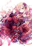  blonde_hair blue_flower blue_rose blush brooch dress flower green_eyes hair_ribbon ibara_riato jewelry long_hair long_sleeves looking_at_viewer open_mouth original petals plant red_dress red_flower red_rose ribbon rose solo very_long_hair vines wide_sleeves 