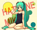  bvj character_name competition_school_swimsuit covered_navel green_eyes green_hair hatsune_miku long_hair one-piece_swimsuit sitting solo swimsuit twintails very_long_hair vocaloid wariza 