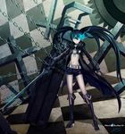  arm_cannon belt black_hair black_rock_shooter black_rock_shooter_(character) blue_fire boots burning_eye chain checkered checkered_background checkered_floor copyright_name fire highres hood hooded_jacket jacket long_hair ltt_challenger scar short_shorts shorts solo stitches sword twintails weapon 
