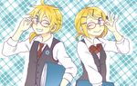  adjusting_eyewear bespectacled binder blonde_hair blue_eyes brother_and_sister glasses hair_ornament hairclip kagamine_len kagamine_rin necktie one_eye_closed plaid plaid_background plaid_neckwear red-framed_eyewear red_neckwear ryou_(fallxalice) short_hair siblings twins vocaloid 