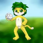  anthro balls blush claws cub cute feline fifa flaccid football fur green_eyes green_hair hair leopard looking_at_viewer male mammal mascot nude paws penis plain_background smile soccer solo south_africa world_cup yellow_fur young zakumi zekromlover 