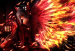  bare_shoulders bird bow fiery_wings fire flame fujiwara_no_mokou hair_bow highres japanese_clothes kimono kiseru long_hair looking_at_viewer one_eye_closed phoenix pipe red_eyes silver_hair sitting smile solo taketiyi touhou wings 