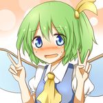  ascot bad_id bad_pixiv_id blue_eyes blush bubble daiyousei fairy green_hair hair_ribbon highres looking_at_viewer puffy_sleeves ribbon short_hair short_sleeves side_ponytail simple_background solo sweat touhou v wings yamato_(muchuu_paradigm) 