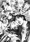  6+boys battle_tendency bud_(korovsme) caesar_anthonio_zeppeli danny_(jojo) dire_(jojo) dog erina_pendleton graphite_(medium) greyscale jojo_no_kimyou_na_bouken jonathan_joestar joseph_joestar_(young) lisa_lisa monochrome multiple_boys multiple_girls phantom_blood robert_eo_speedwagon rudolph_von_stroheim suzi_q traditional_media 