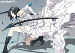  black_hair boots dogs:_bullets_&amp;_carnage dress elbow_gloves fuyumine_naoto gloves green_eyes katana miwa_shirou petals ready_to_draw short_hair solo sword torn_clothes weapon white_dress 
