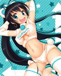  :d alternate_costume arms_behind_head bad_id bad_pixiv_id black_hair blue_eyes blush breasts cleavage cleavage_cutout crop_top earrings elbow_gloves ganaha_hibiki gloves high_heels idolmaster idolmaster_(classic) jewelry long_hair looking_at_viewer medium_breasts navel open_mouth panties pilky shiny shiny_skin shoes short_shorts shorts smile solo star teeth thighhighs underwear very_long_hair white_legwear 