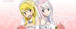  1024x600 2girls bikini blush bouquet bride dress fairy_tail flower gloves lucy_heartfilia mirajane mirajane_strauss multiple_girls swimsuit wallpaper wedding wedding_dress white_clothes 