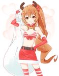  aisaka_taiga antlers bell belt bikini_top blush brown_eyes brown_hair elbow_gloves gloves hand_on_hip highres looking_at_viewer midriff ponytail reindeer_antlers sack skirt smile solo striped striped_legwear thighhighs toradora! zukaketawagase 