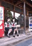  absurdres bench black_hair highres kishida_mel legs multiple_girls original pleated_skirt school_uniform serafuku sitting skirt socks vending_machine white_legwear 