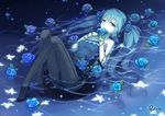  aqua_hair black_legwear blue_dress blue_flower blue_hair blue_rose dress flower hatsune_miku long_hair looking_at_viewer panties pantyhose paranoia_(vocaloid) partially_submerged plant riccae rose sleeveless sleeveless_dress solo striped striped_panties thorns twintails underwear very_long_hair vines vocaloid water wet wet_clothes 