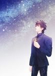  brown_eyes brown_hair cross cross_necklace fate/zero fate_(series) highres hisohiso_(altoblue) jewelry kotomine_kirei male_focus necklace sky solo star_(sky) starry_sky 
