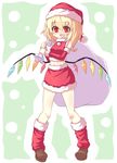  alternate_costume bag blonde_hair blush boots detached_sleeves fang flandre_scarlet hat kikiriri looking_at_viewer midriff navel open_mouth over_shoulder pigeon-toed red_eyes santa_boots santa_costume santa_hat shirt side_ponytail skirt skirt_set smile solo touhou wings 