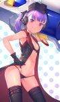  1girl absurdres bikini breasts coat cowboy_shot en@rain fate/grand_order fate_(series) garrison_cap gloves hat headphones helena_blavatsky_(fate/grand_order) helena_blavatsky_(swimsuit_archer)_(fate) highres holding holding_weapon looking_at_viewer navel open_clothes open_coat polka_dot polka_dot_background ponytail purple_eyes purple_hair short_hair small_breasts smile solo swimsuit thighhighs weapon 