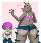 anthro big_butt blush breasts butt cleavage clothed clothing crocodile crossover donkey_kong_(series) duo expansion female fur gloria hippo kalypso kremling madagascar nintendo reptile scalie skimpy sssonic2 teal_clothing teal_fur transformation unknown_artist video_games 