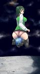  :d ass breasts earth flying_sweatdrops giantess green_hair highres idolmaster idolmaster_(classic) large_breasts looking_back mole mole_under_mouth moon open_mouth otonashi_kotori panties short_hair skirt smile solo terada_ochiko underwear yellow_eyes 