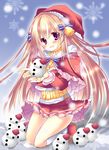  bell brown_hair capelet hat hikanyan kneeling legs long_sleeves original purple_eyes santa_costume santa_hat snowflakes snowman socks 