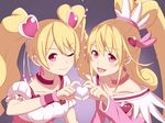  ;) aida_mana blonde_hair blush choker color_connection cure_heart cure_peach dokidoki!_precure earrings eyelashes fresh_precure! hair_color_connection hair_ornament hairpin half_updo heart heart_hair_ornament heart_hands heart_hands_duo highres jewelry long_hair look-alike magical_girl momozono_love multiple_girls one_eye_closed pink_choker pink_eyes pink_sleeves ponytail precure smile twintails unpale wrist_cuffs 