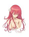  closed_eyes copyright_name elfen_lied hair_between_eyes hand_on_own_chest hl_(spk) horn long_hair lucy nude red_hair solo 