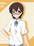  blush brown_eyes brown_hair glasses hand_on_hip ikari_manatsu k-on! looking_away manabe_nodoka plaid plaid_background red-framed_eyewear ribbon sakuragaoka_high_school_uniform school_uniform short_hair skirt solo 