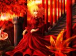  aki_shizuha blonde_hair dress dress_lift fox hair_ornament highres leaf long_sleeves maple_leaf open_mouth pillar red_eyes short_hair solo stairs taketiyi touhou 