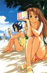  ahoge akamatsu_ken antenna_hair aoyama_motoko artbook barefoot beach bikini black_hair blue_eyes blush bob_cut book brown_eyes brown_hair crossed_ankles dappled_sunlight dark_skin highres kaolla_su konno_mitsune leg_hug long_hair looking_at_viewer love_hina maehara_shinobu multiple_girls narusegawa_naru ocean official_art one-piece_swimsuit plaid plaid_sarong playing reading sandals sarah_mcdougal sarong scan shade short_hair shorts sitting smile splashing sunlight swimsuit tree waving yellow_sarong 