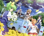  5girls :d :o asymmetrical_hair backpack bag barefoot basket binoculars black_hair blonde_hair blue_eyes blue_hair blush bow cirno commentary_request daiyousei drill_hair fairy_wings flower green_eyes green_hair hair_bow hat long_hair luna_child miyakouji motor_vehicle multiple_girls one_eye_closed open_mouth pickup_truck plant red_eyes short_hair side_ponytail smile star_sapphire sunny_milk touhou tree truck twin_drills twintails vines wings yellow_eyes 