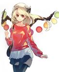  alternate_costume bag black_legwear blonde_hair bow casual contemporary earrings flandre_scarlet handbag hat hat_bow highres jewelry long_hair long_sleeves older pantyhose pisoshi red_eyes short_hair side_ponytail simple_background skirt smile solo touhou white_background wings 