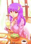 bread breasts cleavage coffee crescent crescent_hair_ornament drooling failure food hair_ornament kobii large_breasts long_hair mayonnaise no_hat no_headwear open_mouth pajamas panties patchouli_knowledge purple_hair red_eyes salad sleepy solo touhou underwear 