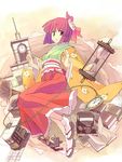  book car clock clock_tower clog_sandals floral_print flower ground_vehicle hair_flower hair_ornament hieda_no_akyuu highres hourglass japanese_clothes kimono long_sleeves looking_at_viewer microscope motor_vehicle obi phonograph pocket_watch purple_eyes purple_hair sash seo_tatsuya short_hair solo streetcar tabi touhou tower watch wide_sleeves 