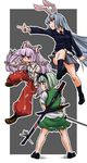  :&lt; animal_ears blazer blue_hair boots bow breasts bunny_ears flower fujiwara_no_mokou green_hair grin hair_bow hair_ribbon hairband highres jacket katana konpaku_youmu long_hair medium_breasts multiple_girls necktie ofuda pants pink_hair plaid plaid_skirt red_eyes reisen_udongein_inaba ribbon sheath short_hair skirt smile sword touhou very_long_hair vest weapon zon_nura 