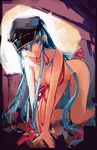  akame_ga_kill! all_fours aqua_hair blue_eyes breasts cleavage esdeath hanging_breasts hat highres large_breasts long_hair mouth_hold naked_ribbon naughty_face peaked_cap ribbon saimon_ma solo very_long_hair 