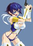  armpits arms_up bare_shoulders blue_background blue_eyes blue_hair blush breasts cleavage detached_sleeves gun handgun high-cut_armor highres ippo large_breasts open_mouth persona persona_4 revolver shirogane_naoto short_hair simple_background solo tears weapon 