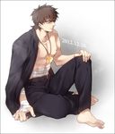  barefoot brown_eyes brown_hair cross cross_necklace dated fate/zero fate_(series) jewelry kotomine_kirei male_focus necklace nipples off_shoulder sarashi solo zihad 