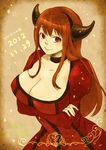  blush breast_hold breasts brown_hair choker crossed_arms dated dress fake_horns hairband horns huge_breasts kingfrogs long_hair maou_(maoyuu) maoyuu_maou_yuusha red_dress red_eyes smile solo 