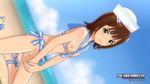  amami_haruka beach blue_sky blurry brown_hair day depth_of_field dixie_cup_hat dutch_angle flat_chest green_eyes hat idolmaster idolmaster_(classic) idolmaster_2 military_hat nipples outdoors ribbon sailor_collar sky solo 