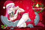  bell boots bow breasts christmas cleavage date_naoto gloves hat highres holly knee_boots large_breasts long_hair looking_at_viewer mistletoe original parted_lips pink_eyes pink_hair santa_costume santa_hat shiny shiny_skin smile solo stuffed_animal stuffed_toy thighhighs thighs white_gloves wreath zettai_ryouiki 