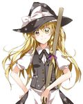  apron blonde_hair bow braid broom hair_bow hand_on_hip hat hat_ribbon head_tilt kenao kirisame_marisa long_hair looking_at_viewer puffy_sleeves ribbon short_sleeves simple_background single_braid skirt smile solo touhou vest white_background witch_hat yellow_eyes 