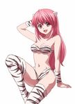  :d animal_print anime_coloring arm_support arm_up bandeau bare_shoulders bikini breasts cleavage cosplay elfen_lied horns long_hair lum lum_(cosplay) medium_breasts navel nyuu official_style open_mouth orange541 sitting smile solo swimsuit thighhighs tiger_print urusei_yatsura white_background 