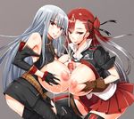  2girls areolae bare_shoulders breast_grab breast_press breasts censored cum cum_on_body cum_on_breasts cum_on_hair cum_on_upper_body disembodied_penis ejaculation facial gloves grabbing group_sex huge_breasts jirou_(62sand3gemt9) long_hair looking_at_viewer multicolored_hair multiple_girls multiple_paizuri nipples paizuri penis red_eyes riela_marcellis selvaria_bles senjou_no_valkyria senjou_no_valkyria_1 senjou_no_valkyria_3 simple_background skirt smile standing threesome tongue tongue_out white_hair 