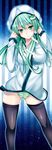  black_legwear frog_hair_ornament green_eyes green_hair green_panties hair_ornament hood hoodie kochiya_sanae kurenai_iroha long_hair looking_at_viewer no_pants panties snake solo striped striped_panties thighhighs touhou underwear 