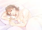  bad_id bad_pixiv_id brown_eyes brown_hair cross cross_necklace fate/stay_night fate_(series) hisohiso_(altoblue) jewelry kotomine_kirei looking_at_viewer male_focus muscle necklace shirtless smile solo under_covers 