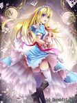  alice_(wonderland) alice_in_wonderland apron bad_id bad_pixiv_id blonde_hair blue_eyes boots bunny card dress from_behind hairband highres long_hair looking_at_viewer looking_back noe_noel open_mouth playing_card pocket_watch smile solo thighhighs watch white_legwear 